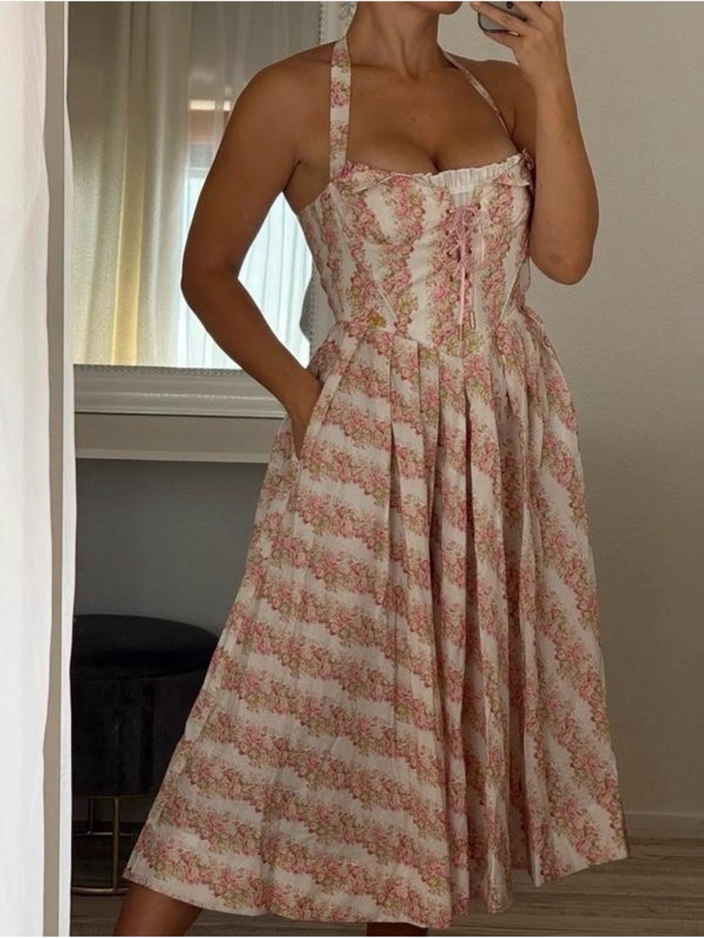 Lacemade Floral Halter Maxi Dress in Pink and Cream - Picture 2 of 8